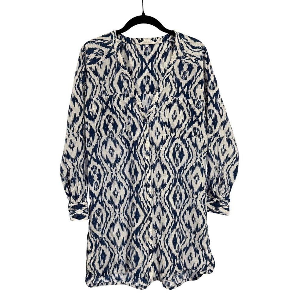 Athleta Blue White Printed Cotton‎ Silk Blend Kaftan Shirt Size M